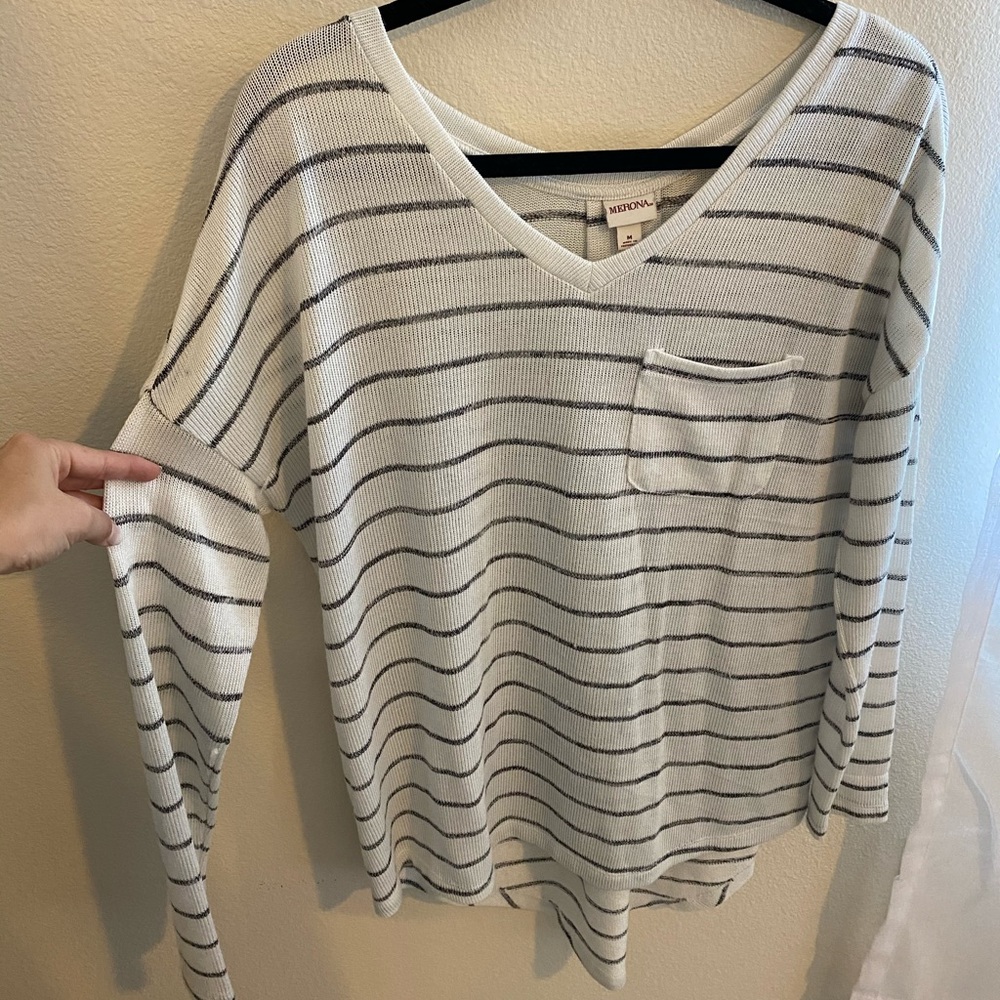 White and gray striped long sleeve sweater